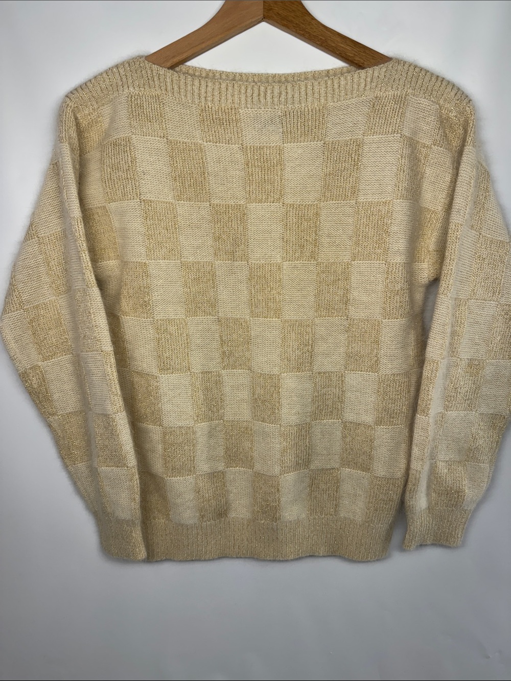 Vintage I.B. Diffusion Metallic Gold Checkerboard Knit Sweater, Cream/Beige
